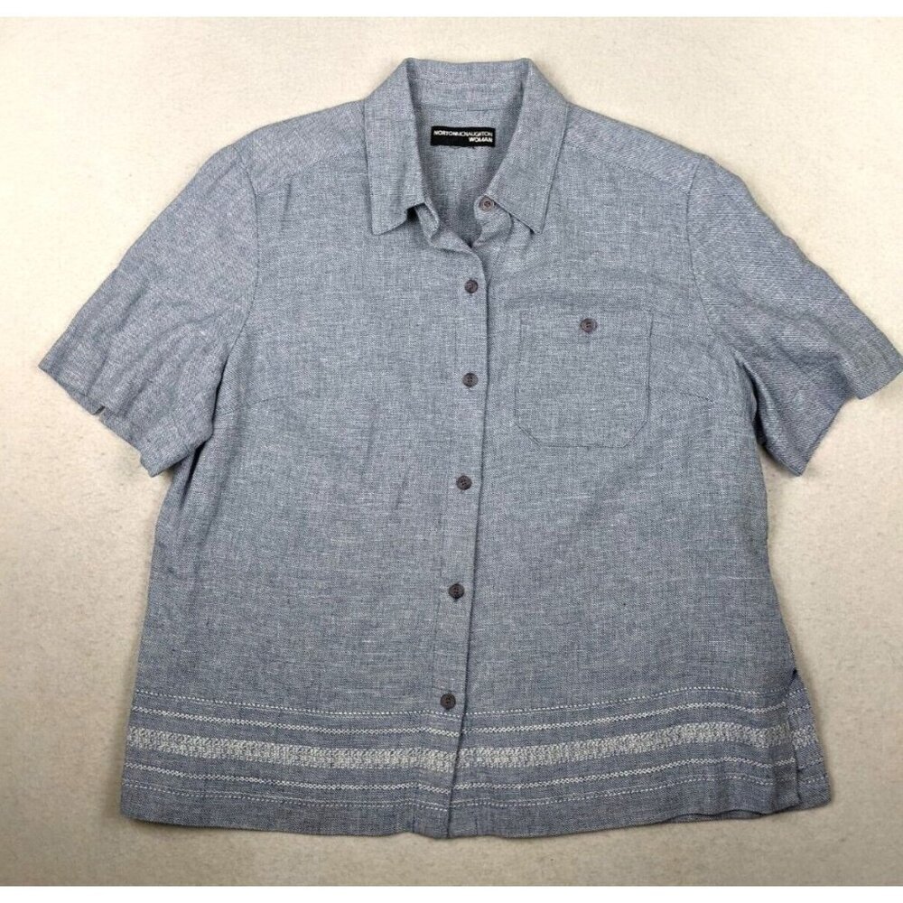 NORTON MCNAUGHTON WOMAN - WOMEN'S BLUE WOVEN SHORT SLEEVE BUTTON-UP TOP - 1X